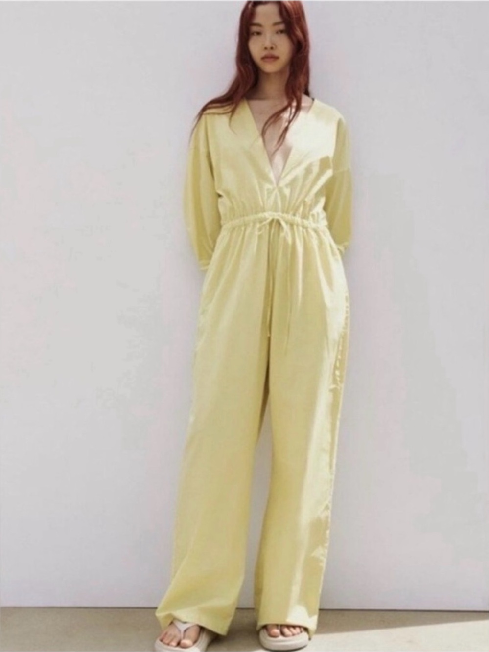Zara Women's Pistachio Green Wide-Leg Jumpsuit with Drawstring Waist NWT - Picture 3 of 10